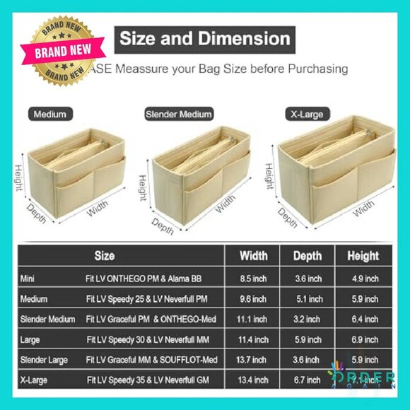 Felt Purse Organizer Insert 13 Compartments 5 Sizes Tote Bag Dividers - Picture 6 of 8